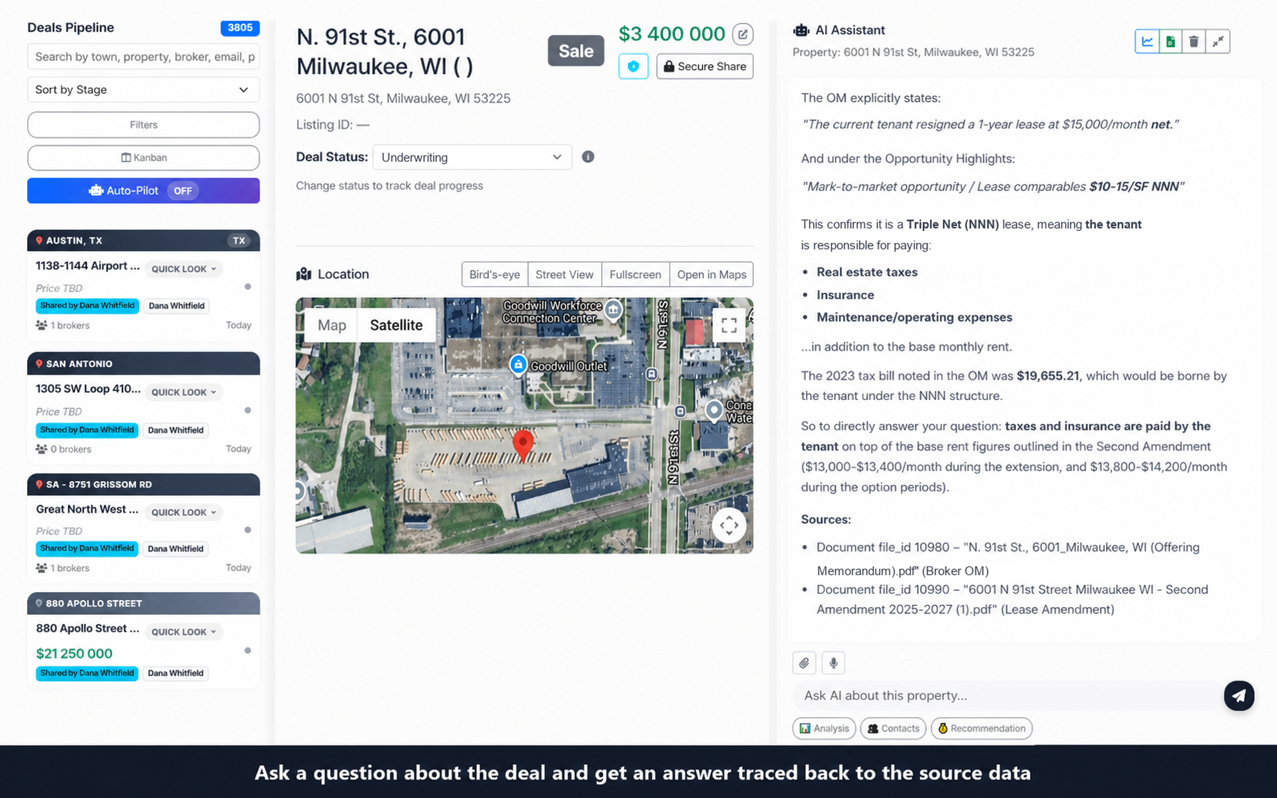 CRE Pipeline deal chat with a Sources block from the product test environment
