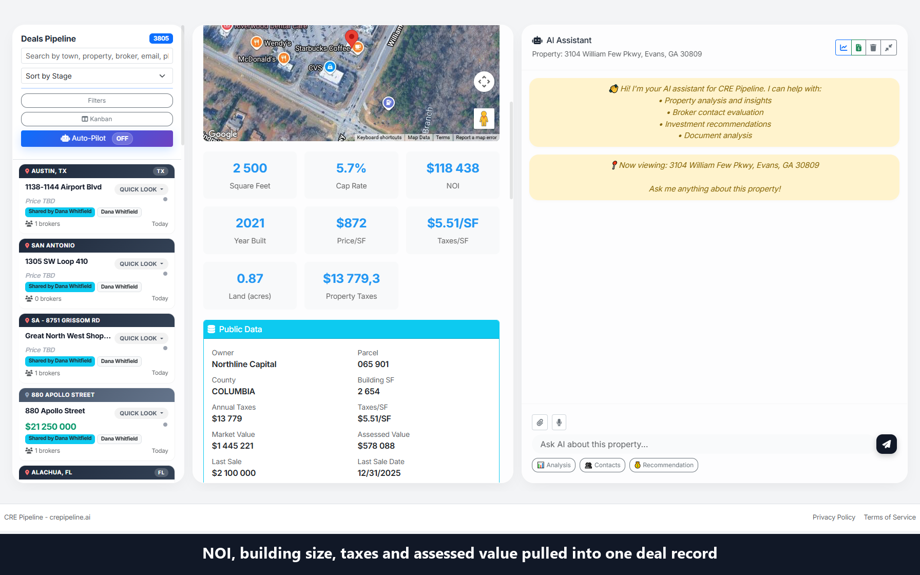 CRE Pipeline deal record screen from the product test environment